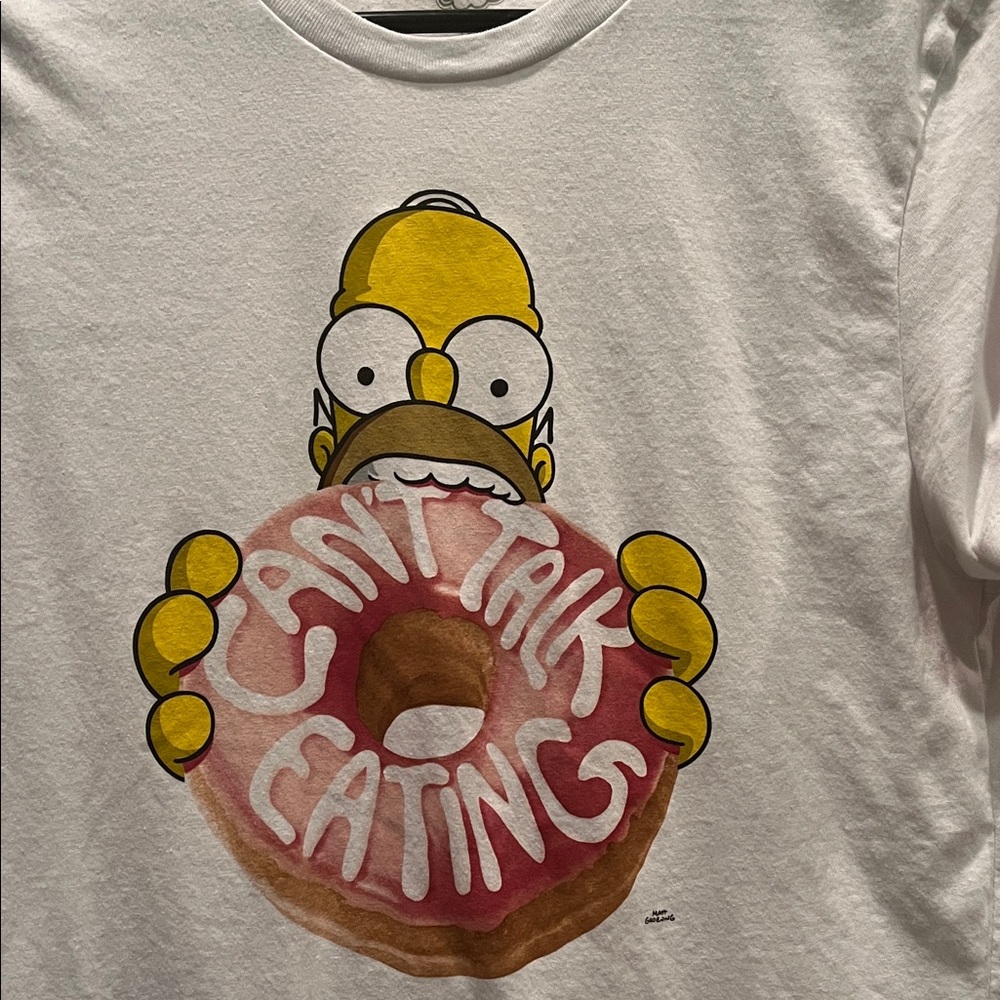 White T-Shirt with Homer Simpson Cartoon Donut Print